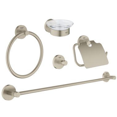 Click here to see Grohe 40344EN1 Grohe Essentials 5-in-1 Accessory Set w/ Glass Soap Dish and 24