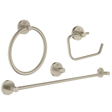 Click here to see Grohe 40823EN1 Grohe Essentials 4-in-1 Accessory Set w/ Towel Ring and Half-Open Toilet Paper Holder, 24