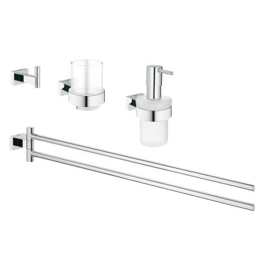 Click here to see Grohe 40847001 Grohe Essentials Cube 4-in-1 Accessory Set w/ Glass and Soap Dispenser, 18