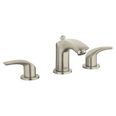 Click here to see Grohe 20294ENA Grohe Eurosmart S-Size Two-Handle Widespread Brushed Nickel Bathroom Faucet, 1.2 GPM, 60 PSI, WaterSense, Lever Handles, Three-Holes - 20294ENA