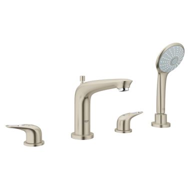 Click here to see Grohe 19991EN3 Grohe Eurostyle Two-Handle Diverter Bathtub Faucet with Hand Shower, Four-Hole, Metal Lever Handles, Brushed Nickel - 19991EN3