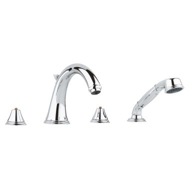 Click here to see Grohe 25506001 Grohe 25506001 Geneva Four-Hole Roman Bathtub Faucet with Handshower, Starlight Chrome