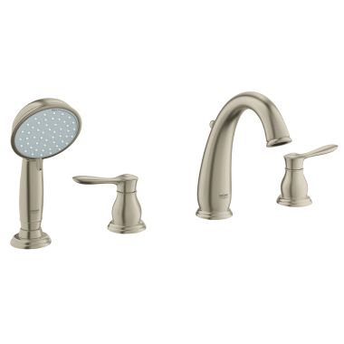 Click here to see Grohe 25153EN1 Grohe Parkfield Single-Handle Roman Bathtub Faucet with 2 GPM Hand Shower, Metal Lever Handles, StarLight Brushed Nickel - 25153EN1