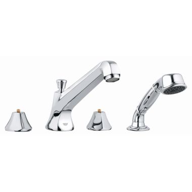 Click here to see Grohe 25077001 Grohe Somerset Diverter Roman Tub Filler with 1.8 GPM Handshower, 79in Hose, SilkMove Ceramic Cartridge, StarLight Chrome - 25077001