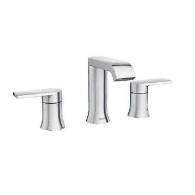 Click here to see Moen 84763 Moen Genta Two-Handle Widespread Chrome Bathroom Faucet with Pop-Up, 1.2 GPM, 60 PSI, WaterSense, Lever Handles, Three-Holes - 84763