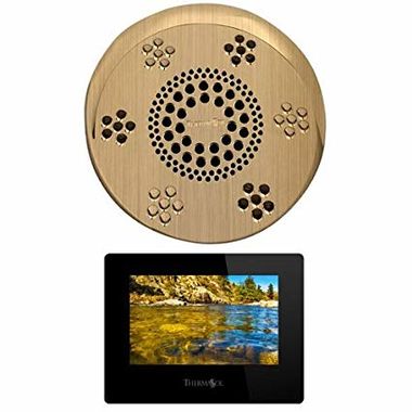 Click here to see Thermasol SASC-AB Thermasol SASC-AB Serenity Stand Alone Light, Sound, Rain Head - Antique Brass - Contemporary
