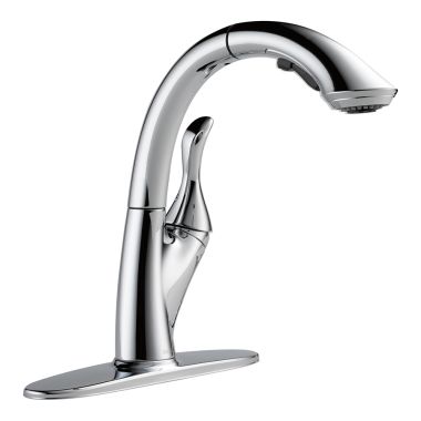 Click here to see Delta 4153-DST Delta Linden Single-Handle High-Arc Pull-Out Chrome Kitchen Faucet, 1.5 GPM, Lever Handle, Diamond Seal Technology, Touch-Clean - 4153-DST