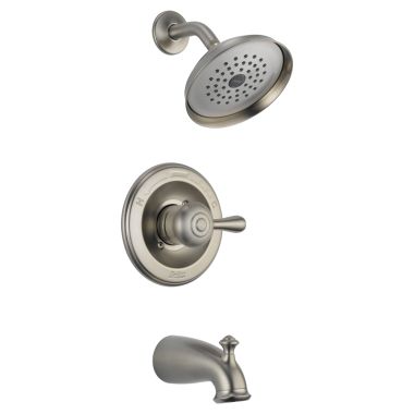 Click here to see Delta 14478-SSSHL Delta Leland Monitor 14 Series Single-Handle Tub/Shower Faucet with Single-Setting Rain Showerhead, 2.0 GPM, Lever Handle, Stainless - 14478-SSSHL