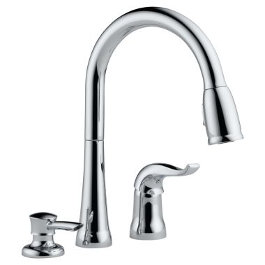 Click here to see Delta 16970-SD-DST Delta Kate Single-Handle Pull-Down Kitchen Faucet w/ Soap Dispenser, 3 Hole, Chrome - 16970-SD-DST