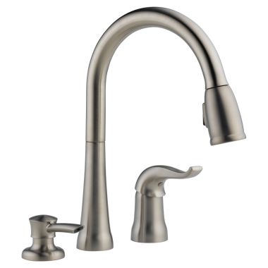 Click here to see Delta 16970-SSSD-DST Delta Kate Single-Handle Pull-Down Kitchen Faucet w/ Soap Dispenser, 3 Hole, Stainless - 16970-SSSD-DST