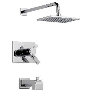 Click here to see Delta T17T453 Delta Vero TempAssure 17T Series Two-Handle Tub/Shower Faucet with Single-Setting Rain Showerhead, 2.5 GPM, Lever Handle, Chrome - T17T453