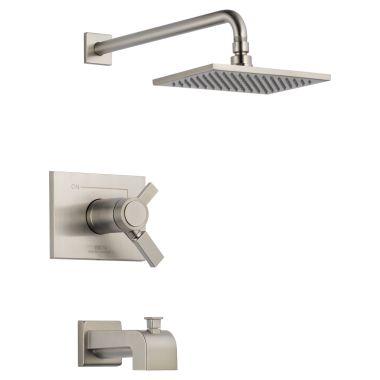 Click here to see Delta T17T453-SS Delta Vero TempAssure 17T Series Two-Handle Tub/Shower Faucet with Single-Setting Rain Showerhead, 2.5 GPM, Lever Handle, Stainless - T17T453-SS