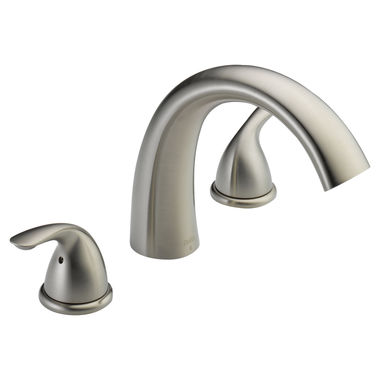 Click here to see Delta T2705-SS Delta Classic Two-Handle Roman Tub Faucet Trim, Arc Spout, Lever Handles, ADA-Compliant, Stainless - T2705-SS