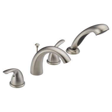 Click here to see Delta T4705-SS Delta Classic Two-Handle Roman Tub Faucet Trim with 1.75 GPM Single-Setting Handshower, Arc Spout, Lever Handles, Stainless - T4705-SS