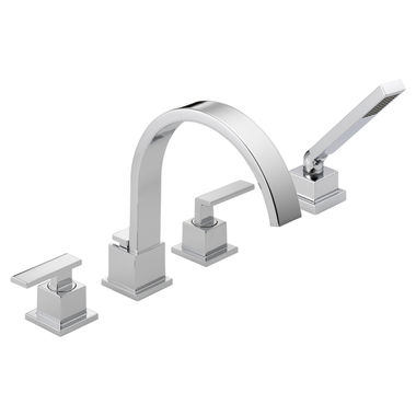 Click here to see Delta T4753 Delta Vero Two-Handle Roman Tub Faucet Trim with 1.75 GPM Single-Setting Hand Shower, High Arc Spout, Lever Handles, Chrome - T4753