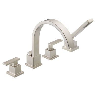 Click here to see Delta T4753-SS Delta Vero Two-Handle Roman Tub Faucet Trim with 1.75 GPM Single-Setting Hand Shower, High Arc Spout, Lever Handles, Stainless - T4753-SS