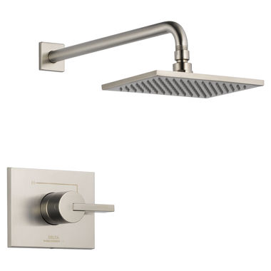 Click here to see Delta T14253-SS Delta Vero Monitor 14 Series Single-Handle Raincan Shower Faucet, Single Setting, Touch-Clean, 2.5 GPM, Lever Handle, ADA, Stainless - T14253-SS