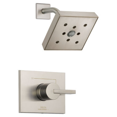 Click here to see Delta T14253-SSH2O Delta Vero Monitor 14 Series Single-Handle H2Okinetic Raincan Shower Faucet, Touch-Clean, 1.75 GPM, Lever Handle, ADA, Stainless - T14253-SSH2O
