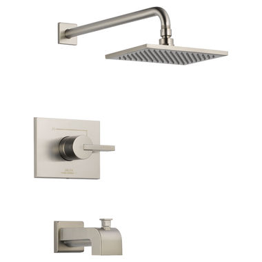 Click here to see Delta T14453-SS Delta Vero Monitor 14 Series Tub/Shower Faucet with Single-Setting Rain Showerhead, Single-Handle, 2.5 GPM, Lever Handle, Stainless - T14453-SS