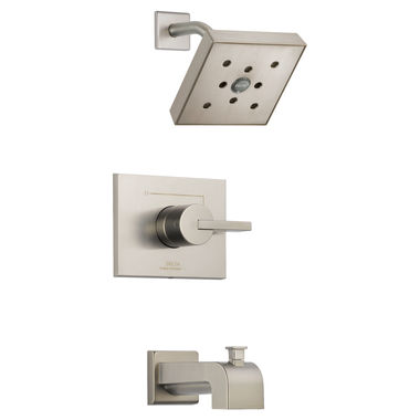 Click here to see Delta T14453-SSH2O Delta Vero Monitor 14 Series H2Okinetic Tub/Shower Faucet with Rain Showerhead, Single-Handle, 1.75 GPM, Lever Handle, Stainless - T14453-SSH2O