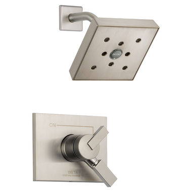 Click here to see Delta T17253-SSH2O Delta Vero Monitor 17 Series Two-Handle H2Okinetic Rain Shower Faucet with Volume Control, 1.75 GPM, Lever Handles, ADA, Stainless - T17253-SSH2O