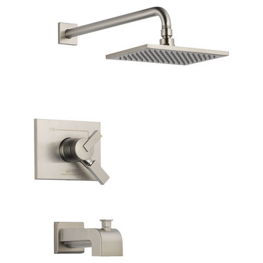 Click here to see Delta T17453-SS Delta Vero Monitor 17 Series Two-Handle Tub/Shower Faucet with Volume Control, Single-Setting Rainshower, 2.5 GPM, Lever Handle, Stainless - T17453-SS