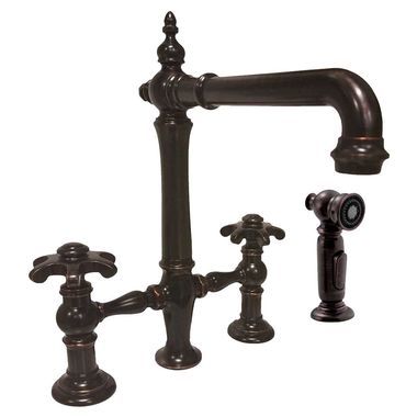 Click here to see Kohler 76519-3M-2BZ Kohler Artifacts Two-Handle Bridge Kitchen Faucet w/ Side Spray, Prong Handles, Oil Rubbed Bronze - K-76519-3M-2BZ