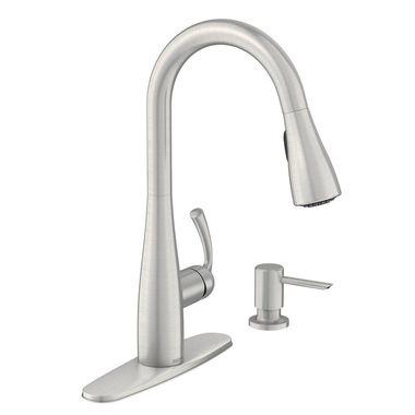 Click here to see Moen 87014SRS Moen Essie One-Handle Pull-Down Kitchen Faucet w/ Soap Dispenser, Spot Resist Stainless - 87014SRS