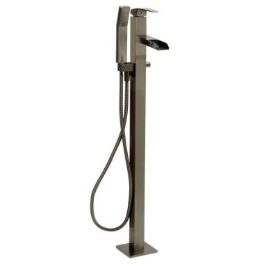 Click here to see Alfi AB2843-BN ALFI Floor-Mount Tub Filler with 1.5 GPM Handheld Shower and 2.9 GPM Waterfall Tub Spout, Lever Handle, Brushed Nickel, 38 1/4-inch Tall - AB2843-BN