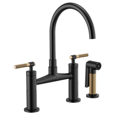 Click here to see Brizo 62543LF-BLGL Brizo Litze Matte Black/ Brilliance Luxe Gold Bridge Kitchen Faucet with Arc Spout and Knurled Handles, 1.8 GPM - 62543LF-BLGL