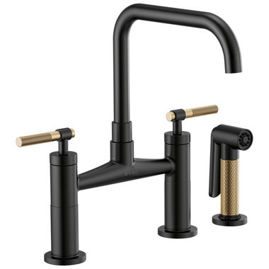 Click here to see Brizo 62553LF-BLGL Brizo Litze Matte Black/Brilliance Luxe Gold Bridge Kitchen Faucet with Square Spout and Knurled Handles, ADA, 1.8 GPM - 62553LF-BLGL