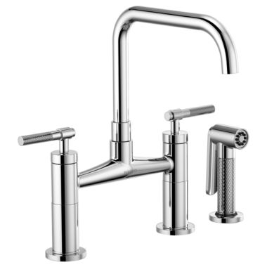 Click here to see Brizo 62553LF-PC Brizo Litze Polished Chrome Bridge Kitchen Faucet with Square Spout and Knurled Handles, ADA, 1.8 GPM - 62553LF-PC