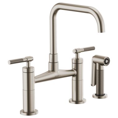 Click here to see Brizo 62553LF-SS Brizo Litze Brilliance Stainless Bridge Kitchen Faucet with Square Spout and Knurled Handles, ADA, 1.8 GPM - 62553LF-SS