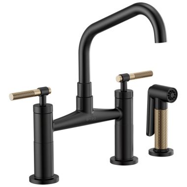 Click here to see Brizo 62563LF-BLGL Brizo Litze Series Matte Black/Brilliance Luxe Gold Bridge Faucet with Angled Swivel Spout and Knurled Handle, ADA, 1.8 GPM - 62563LF-BLGL