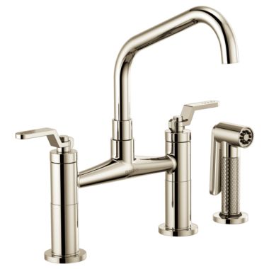 Click here to see Brizo 62564LF-PN Brizo Litze Series Brilliance Polished Nickel Bridge Faucet with Angled Swivel Spout and Industrial Handle, 1.8 GPM - 62564LF-PN