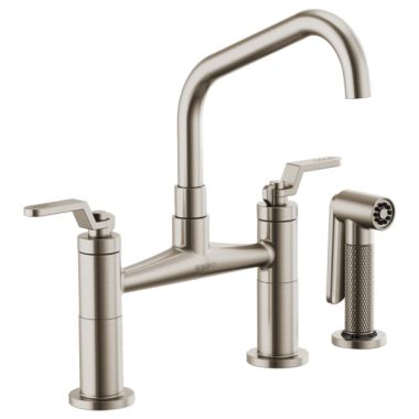 Click here to see Brizo 62564LF-SS Brizo Litze Series Brilliance Stainless Bridge Faucet with Angled Swivel Spout and Industrial Handle, 1.8 GPM - 62564LF-SS