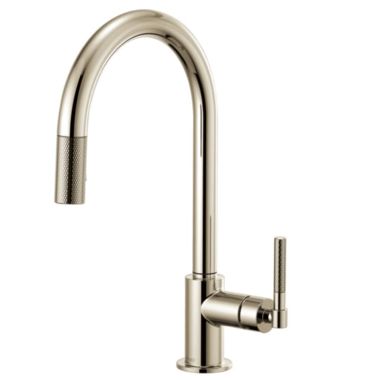 Click here to see Brizo 63043LF-PN Brizo Litze Brilliance Polished Nickel Pull-Down Kitchen Faucet with Arc Spout and Knurled Handle, Two-Function Wand, ADA, 1.8 GPM - 63043LF-PN