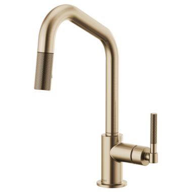Click here to see Brizo 63063LF-GL Brizo Litze Brilliance Luxe Gold Pull-Down Kitchen Faucet with Angled Spout and Knurled Handle - 63063LF-GL
