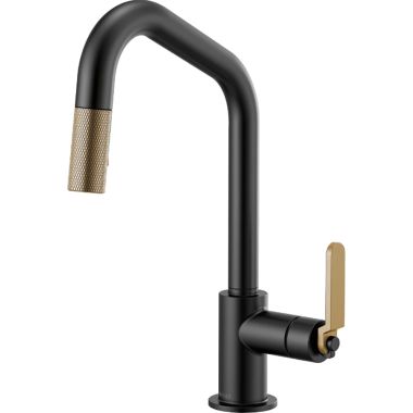 Click here to see Brizo 63064LF-BLGL Brizo Litze Matte Black/Brilliance Luxe Gold Pull-Down Kitchen Faucet with Angled Spout and Industrial Handle - 63064LF-BLGL