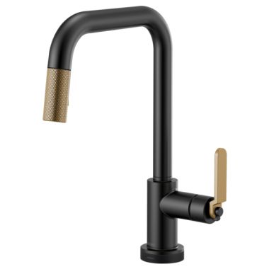 Click here to see Brizo 64054LF-BLGL Brizo Litze Matte Black/Brilliance Luxe Gold SmartTouch Pull-Down Kitchen Faucet with Square Spout and Industrial Handle - 64054LF-BLGL