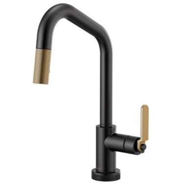 Click here to see Brizo 64064LF-BLGL Brizo Litze Matte Black/Brilliance Luxe Gold SmartTouch Pull-Down Kitchen Faucet with Angled Spout and Industrial Handle - 64064LF-BLGL
