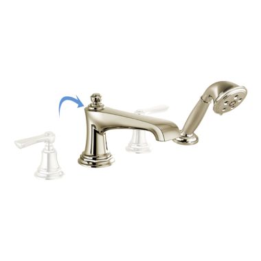 Click here to see Brizo T67460-PNLHP Brizo Rook Two-Handle Roman Tub Faucet Trim with H2Okinetic Hand Shower, Angular Spout, 4-Hole, Less Handles, Brilliance Polished Nickel - T67460-PNLHP