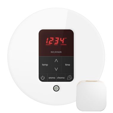 Click here to see Mr. Steam MSITPLUSRD-WH Mr Steam iTempoPlus Round Steam Shower Control in White with Polished Chrome Bezel - MSITPLUSRD-WH