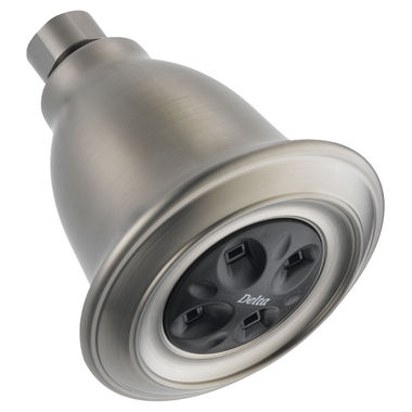 Click here to see Delta RP54752SS Delta Universal Showering Single-Setting Raincan Shower Head with H2Okinetic Technology, WaterSense, 1.5 GPM, Brilliance Stainless - RP54752SS
