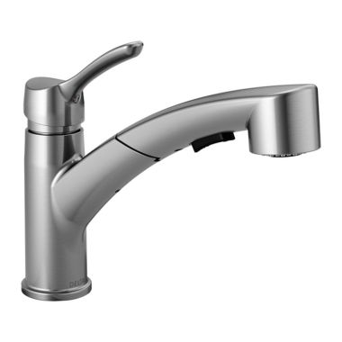 Click here to see Delta 4140-ARTP-DST Delta Collins Single-Handle Pull-Out Kitchen Faucet, Tract Pack Model, Arctic Stainless - 4140-ARTP-DST