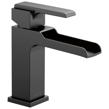 Click here to see Delta 568LF-BLMPU Delta Ara Channel Spout Matte Black Lavatory Faucet with Escutcheon and Red/Blue Indicators, Metal Pop-Up, 1.2 GPM, Single-Handle, DIAMOND Seal - 568LF-BLMPU