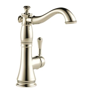 Click here to see Delta 1997LF-PN Delta Cassidy Single-Handle Deck-Mount Polished Nickel Bar/Prep Sink Faucet with Ceramic Disc Cartridge, 1.5 GPM, Lever Handle, ADA-Compliant - 1997LF-PN