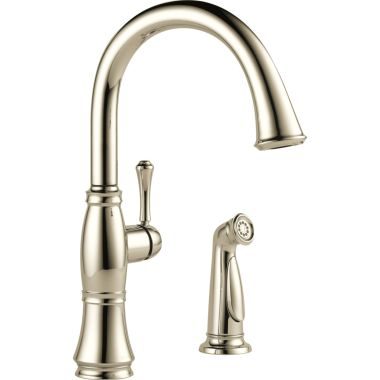 Click here to see Delta 4297-PN-DST Delta Cassidy Single-Handle Deck-Mount Polished Nickel Kitchen Faucet with Side Spray, 1.8 GPM, Lever Handle, Diamond Seal Technology, Ceramic Cartridge - 4297-PN-DST