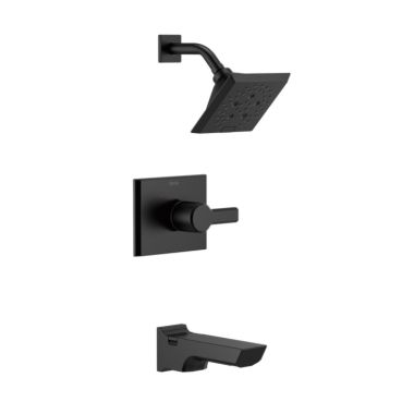 Click here to see Delta T14499-BL Delta Pivotal Monitor 14 Series H2Okinetic Tub/Shower Faucet with Rain Showerhead, Single-Handle, 1.75 GPM, Lever Handle, Matte Black - T14499-BL