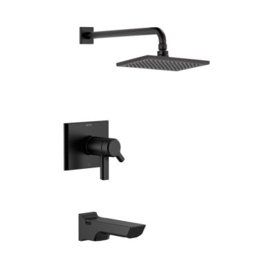 Click here to see Delta T17T499-BL Delta Pivotal TempAssure 17T Series H2Okinetic Tub/Shower Faucet with Rain Showerhead, Two-Handle, 2.5 GPM, Lever Handle, Matte Black - T17T499-BL